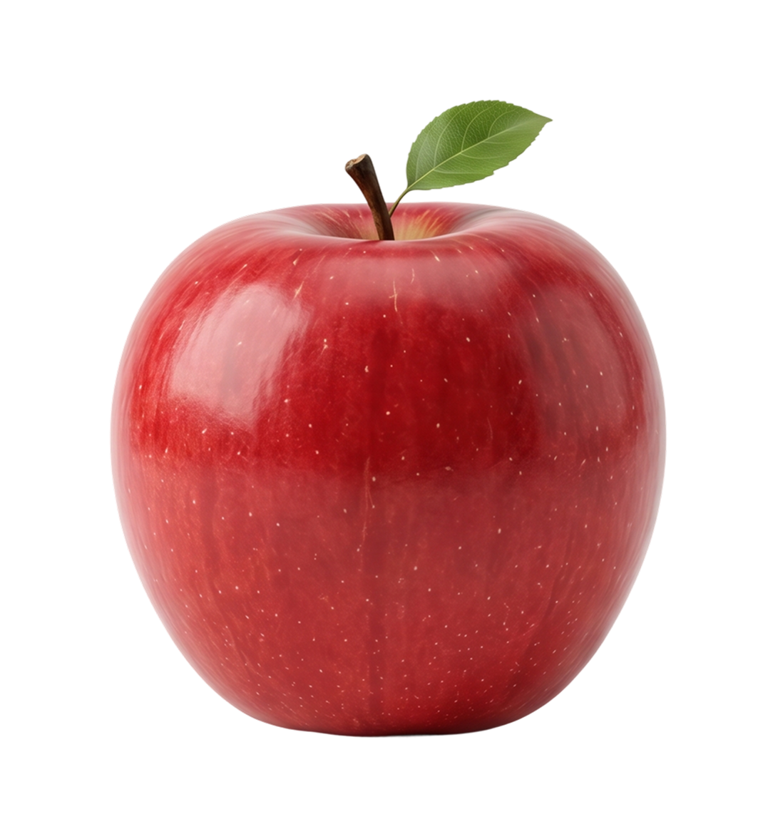 Fresh red apple with a green leaf on top