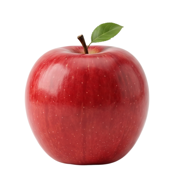 Fresh red apple with a green leaf on top